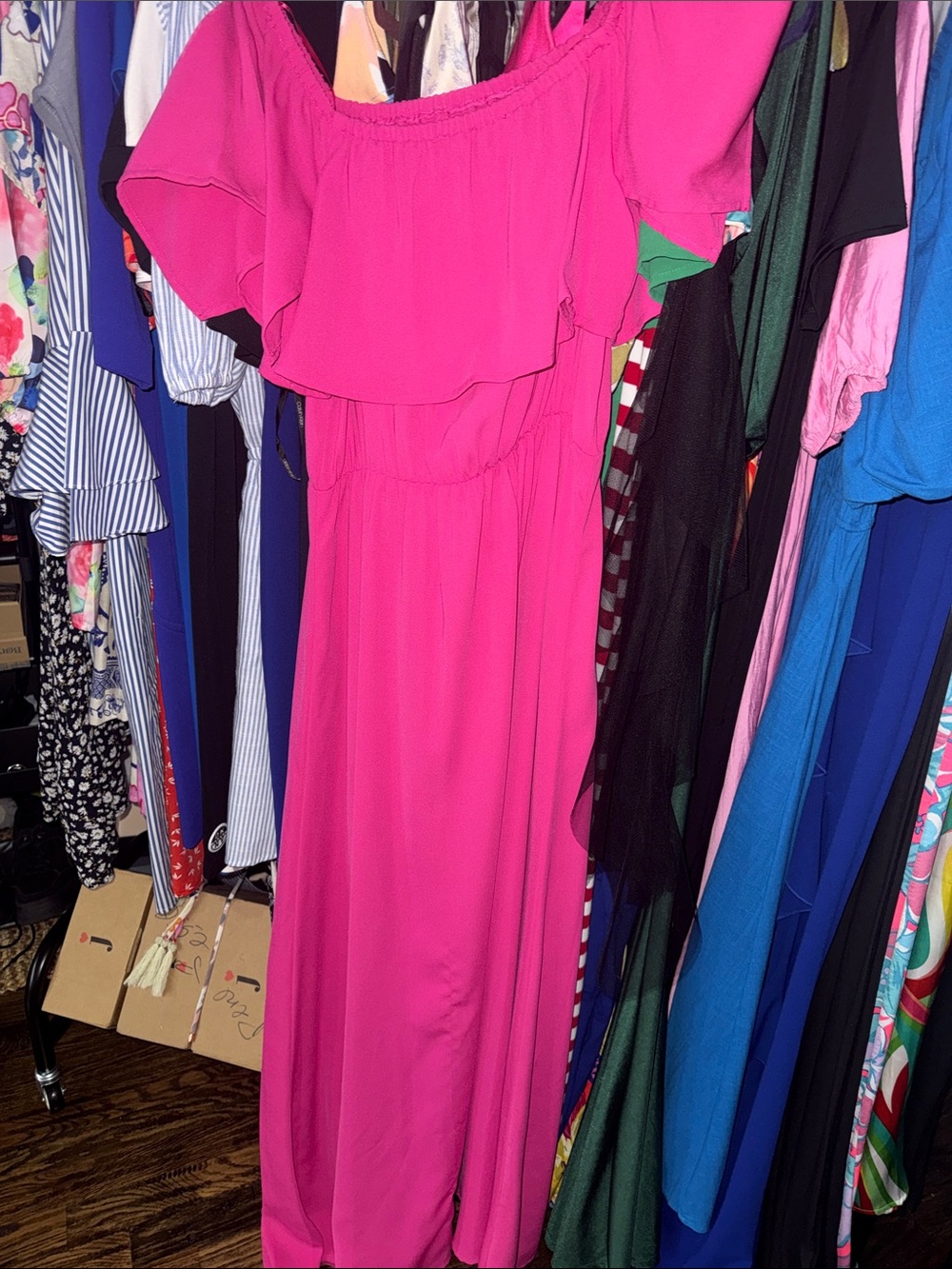 Fuchsia Off-Shoulder Ruffle Maxi Dress - Picture 3 of 3